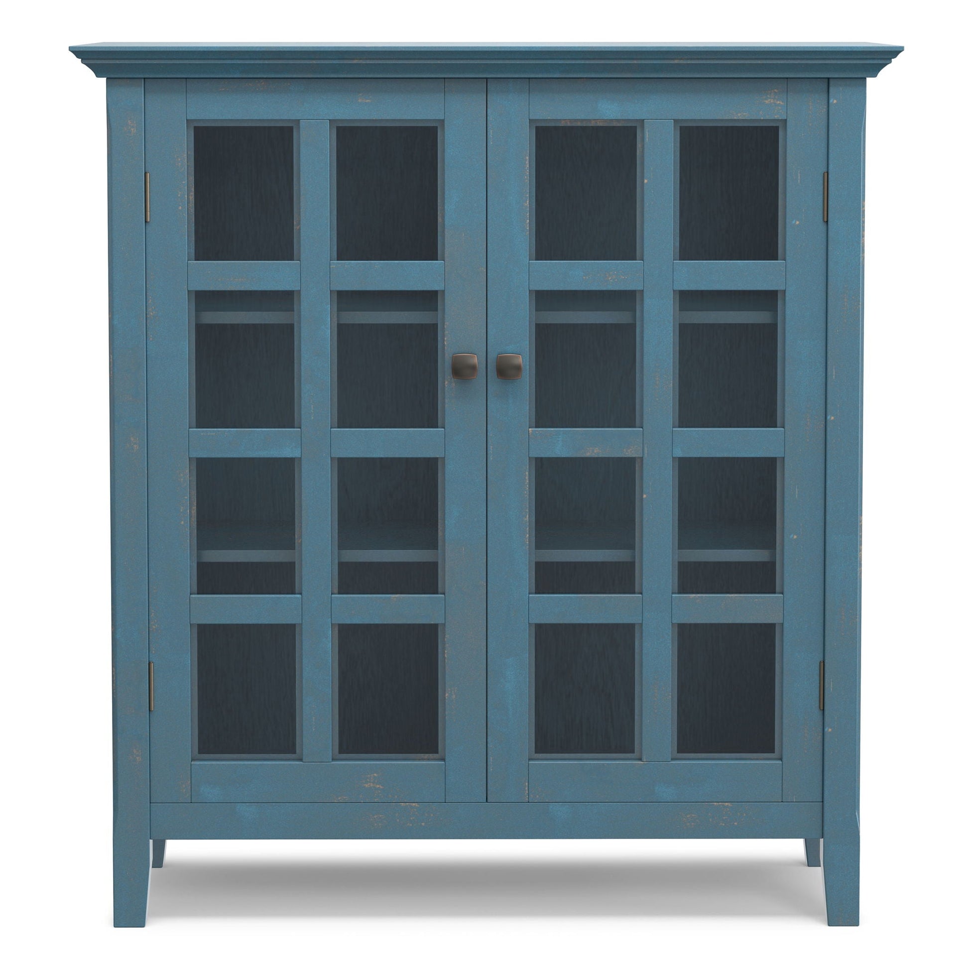 Acadian medium storage cabinet by HouseOfZazla with blue distressed finish and glass-panel doors on Tampa Home & Garden Store