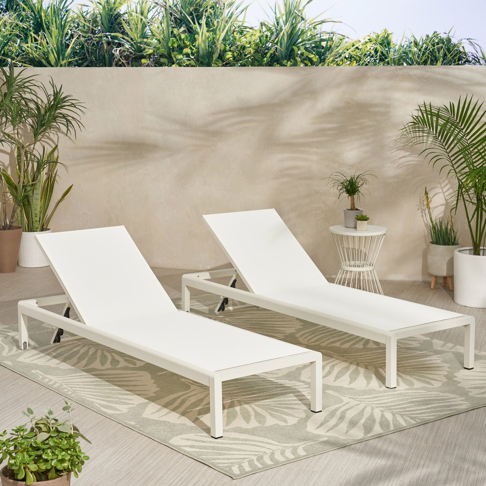 Outdoor Patio Chaise Lounges (2) with 5 reclining positions, white aluminum frames on Tampa Home & Garden Store