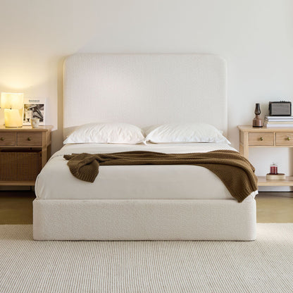 Canter tall headboard upholstered bed in cream boucle with twin nightstands and knit throw on Tampa Home & Garden Store