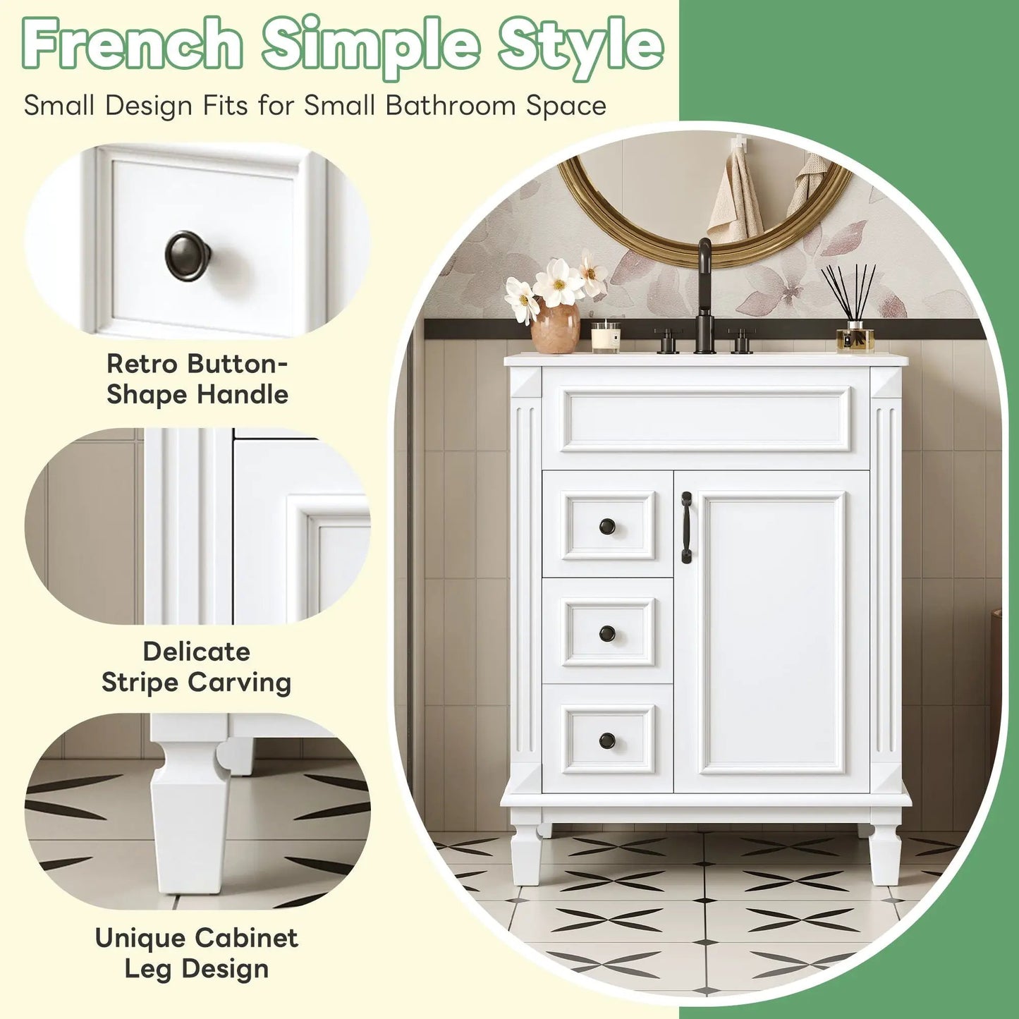 White bathroom vanity with sink, compact 2-drawer cabinet and adjustable shelf, black hardware on Tampa Home & Garden Store
