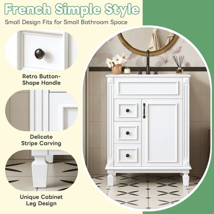 White bathroom vanity with sink, compact 2-drawer cabinet and adjustable shelf, black hardware on Tampa Home & Garden Store