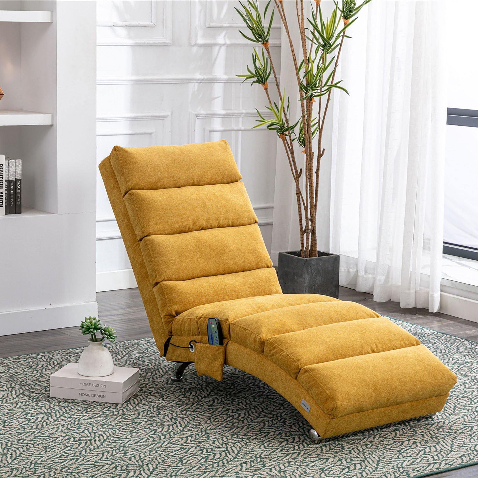 Massage chaise lounge indoor in mustard yellow fabric with remote pocket HouseOfZazla on Tampa Home & Garden Store