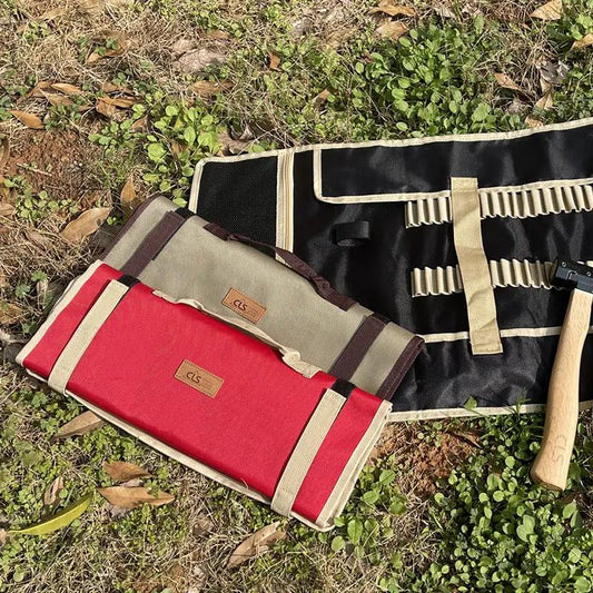 Outdoor Camp Nail Bag for Tool Storage set of 3 red and gray canvas with beige straps tool roll on Tampa Home & Garden Store