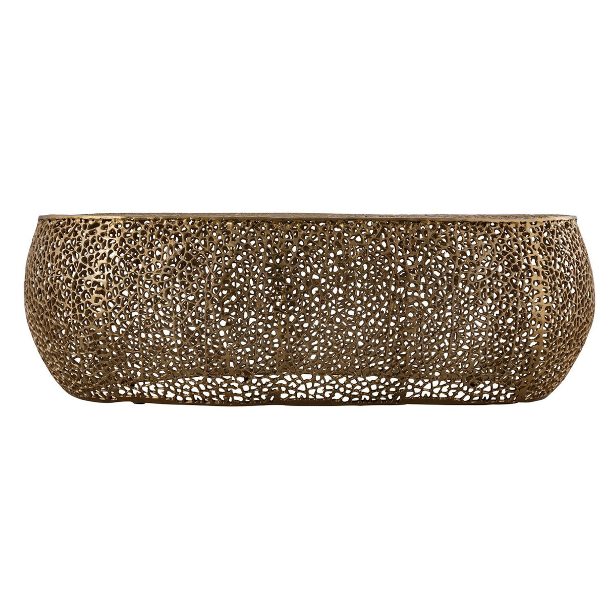 Oval coffee table with gold-tone perforated aluminum base and slim top by HouseOfZazla on Tampa Home & Garden Store