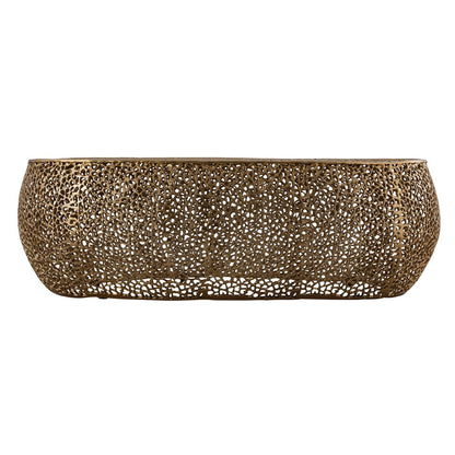Oval coffee table with gold-tone perforated aluminum base and slim top by HouseOfZazla on Tampa Home & Garden Store