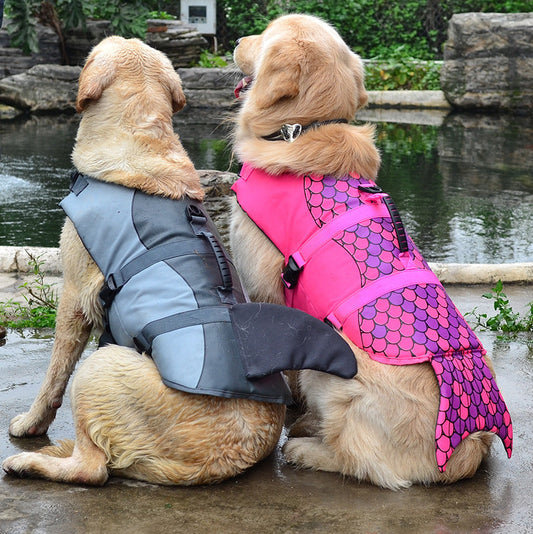 Pet Zen Mermaid Shark dog life vest set for two dogs; pink mermaid-scale and gray-blue vests on Tampa Home & Garden Store