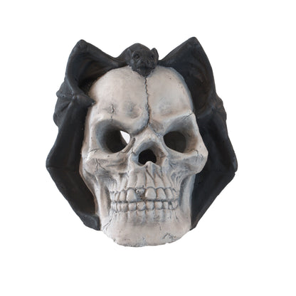 Hand-Welded Fire Pit Skull wall art with black cloak and gray skull details on Tampa Home & Garden Store