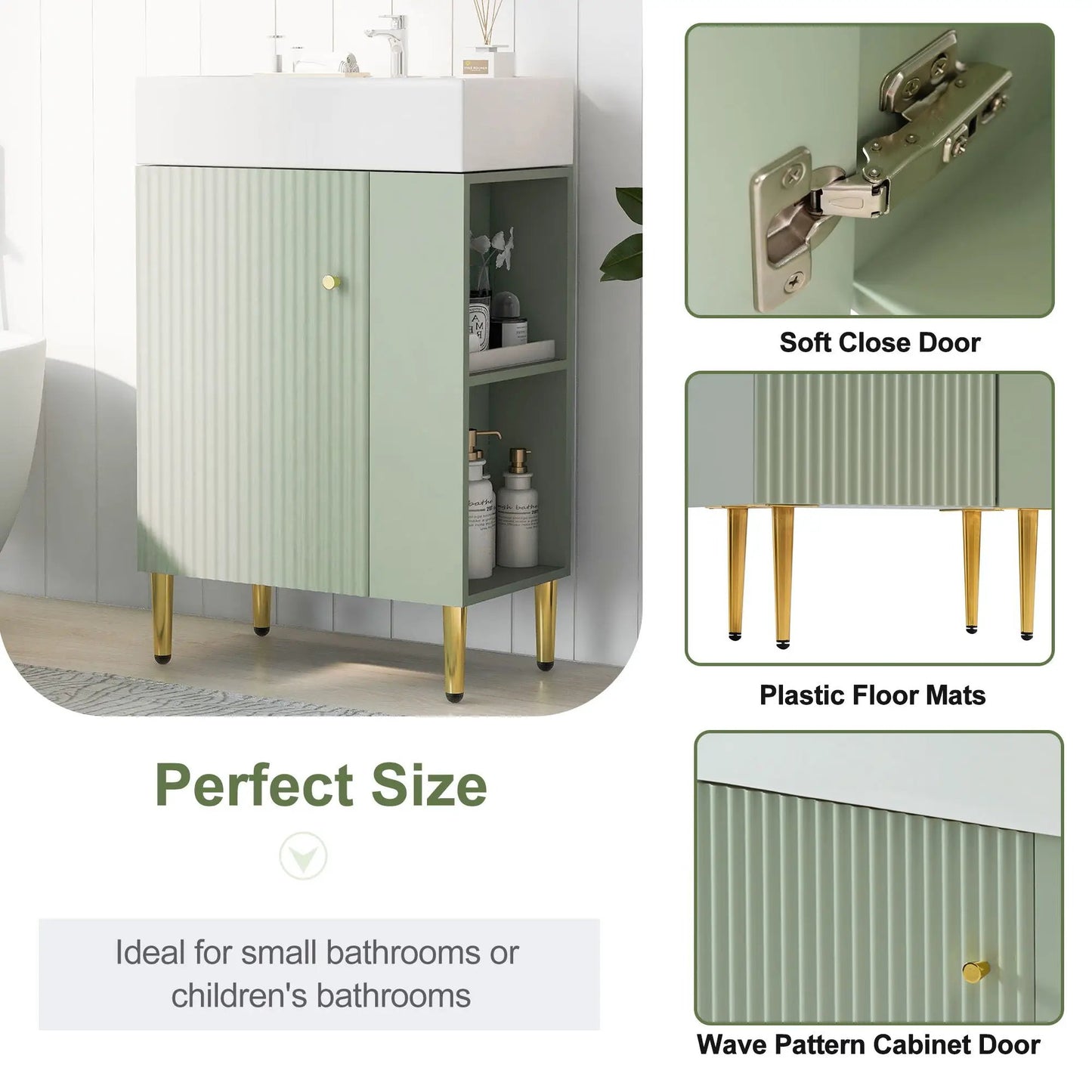 Bathroom vanity mint green with ribbed doors by Unique Piece Furniture and ceramic sink on Tampa Home & Garden Store