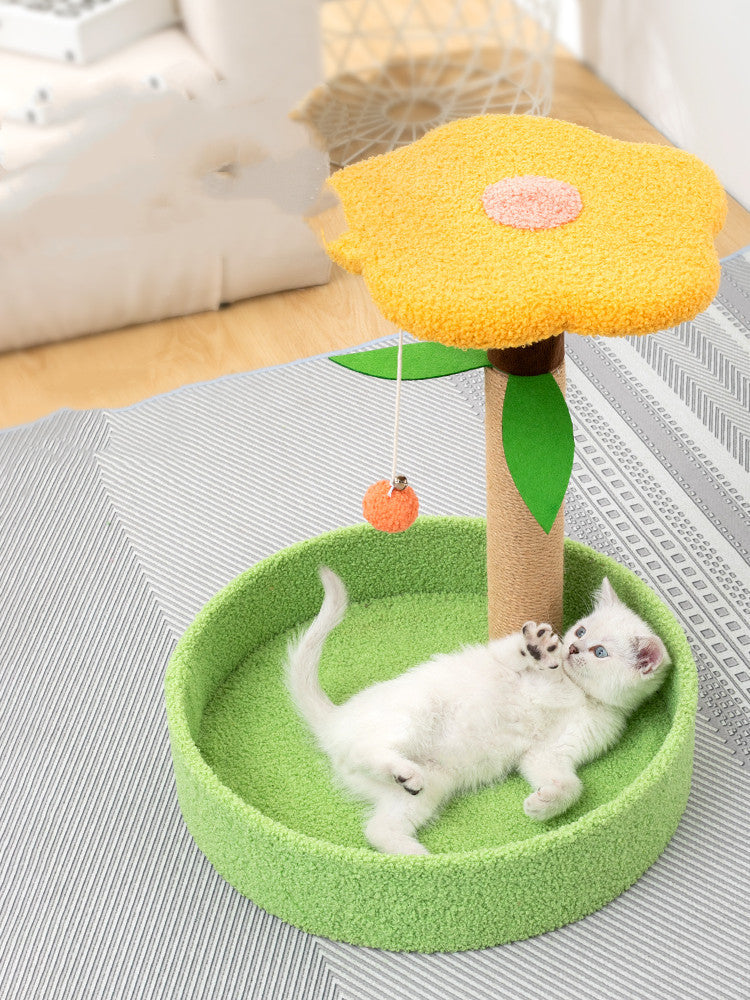 Grinding Claws And Teasing Cat Toys green circular scratching base with a yellow flower top and orange teaser ball on Tampa Home & Garden Store