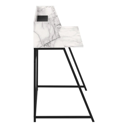 Computer desk with white marble top and storage shelves, contemporary design, black metal legs on Tampa Home & Garden Store