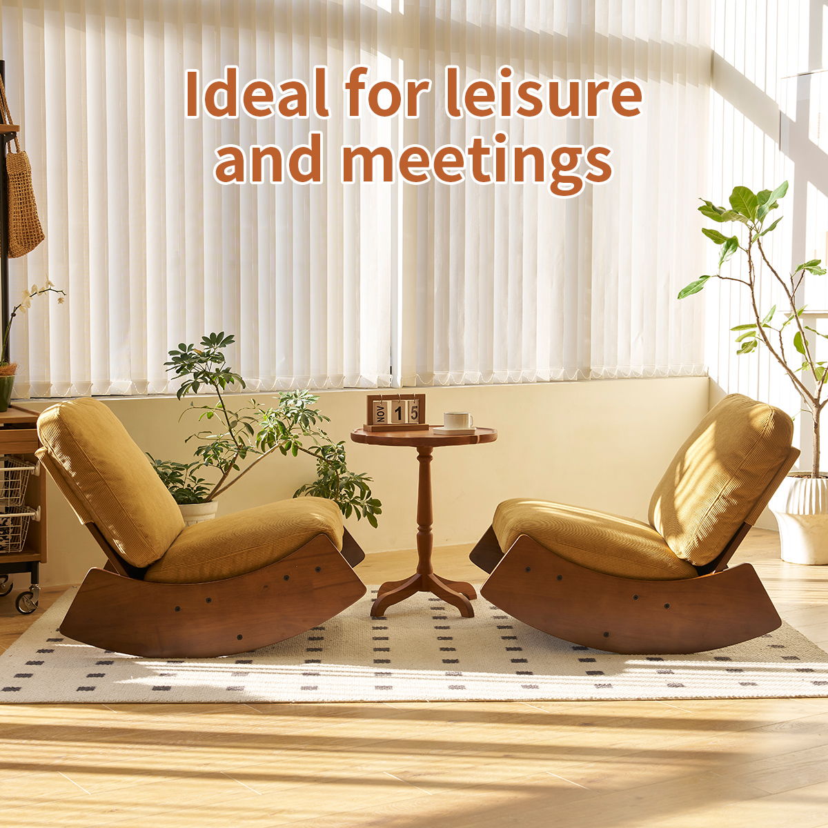 Pair of upholstered glider rocking chairs with solid wood frames and beige cushions in room on Tampa Home & Garden Store
