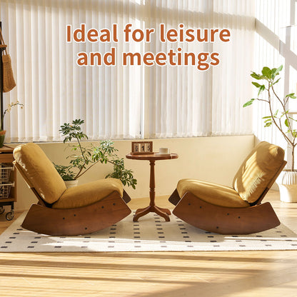 Pair of upholstered glider rocking chairs with solid wood frames and beige cushions in room on Tampa Home & Garden Store
