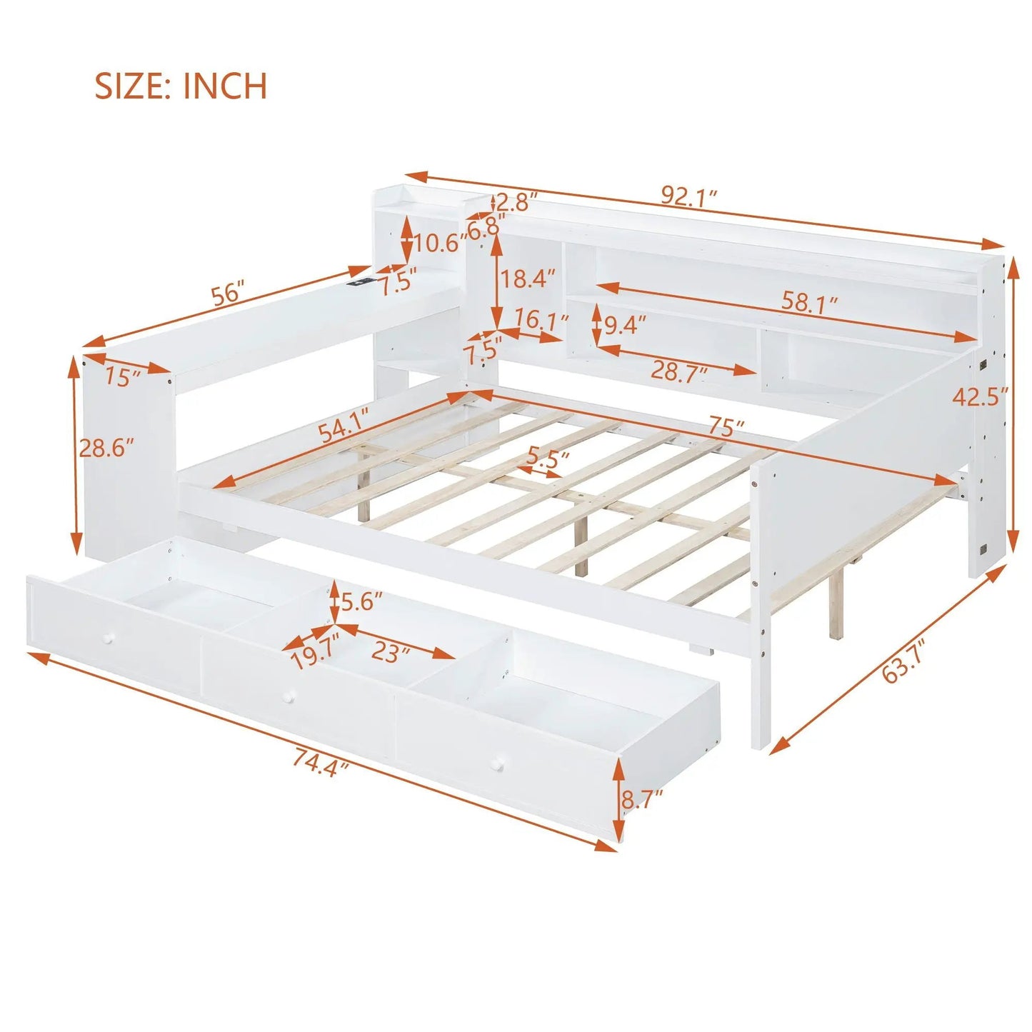 Daybed with desk and three drawers by Unique Piece Furniture, white storage bed with USB ports on Tampa Home & Garden Store