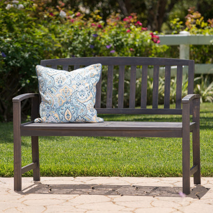 Loja farmhouse outdoor bench by HouseOfZazla in dark wood with blue paisley cushion on Tampa Home & Garden Store