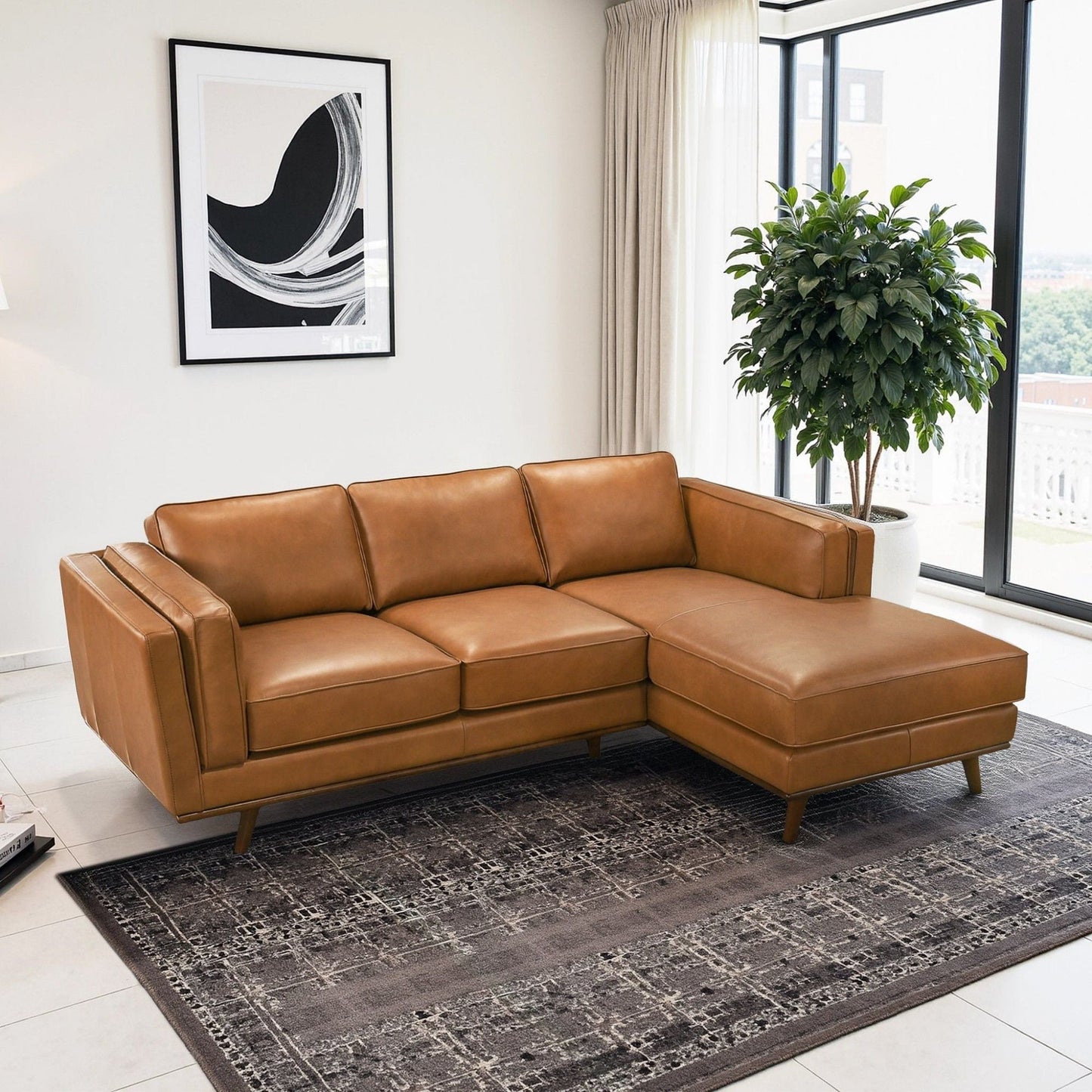 Chase sectional sofa caramel leather with chaise HouseOfZazla, modern living room centerpiece on Tampa Home & Garden Store