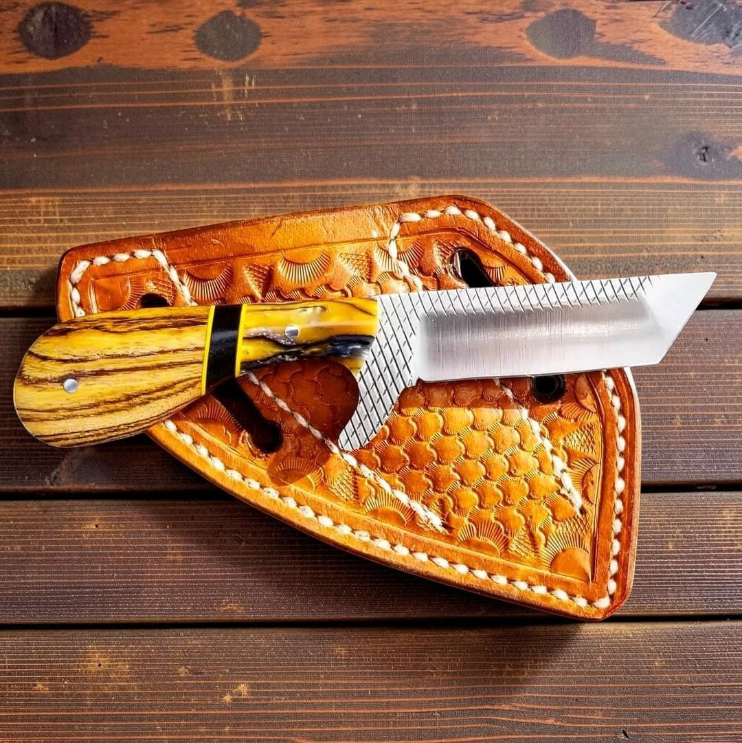 Iron Maverick rasp steel ranch knife with olivewood handle and black resin leather sheath on Tampa Home & Garden Store
