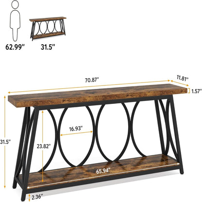 Extra long console table with 2-tier storage shelves, brown wood top and black metal frame on Tampa Home & Garden Store