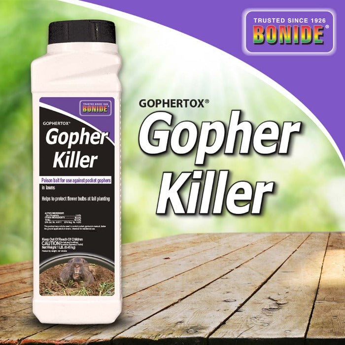 Bonide Gopher Killer pesticide bottle (Gophertox) by Rivendell Distribution on a wooden deck on Tampa Home & Garden Store