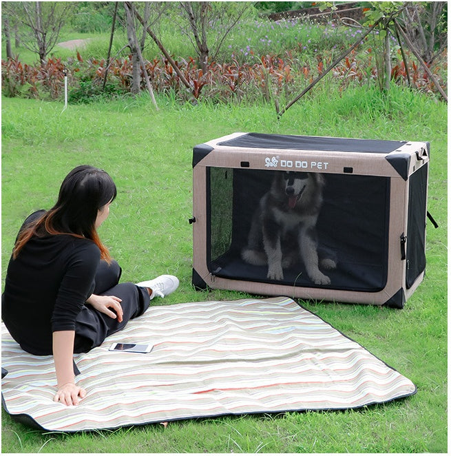 One Piece Collapsible Kennel Tent DO DO PET with mesh sides beige frame; dog inside on grass on Tampa Home & Garden Store