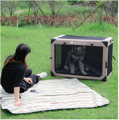 One Piece Collapsible Kennel Tent DO DO PET with mesh sides beige frame; dog inside on grass on Tampa Home & Garden Store