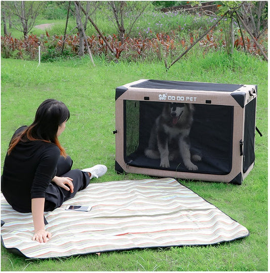 One Piece Collapsible Kennel Tent DO DO PET with mesh sides beige frame; dog inside on grass on Tampa Home & Garden Store