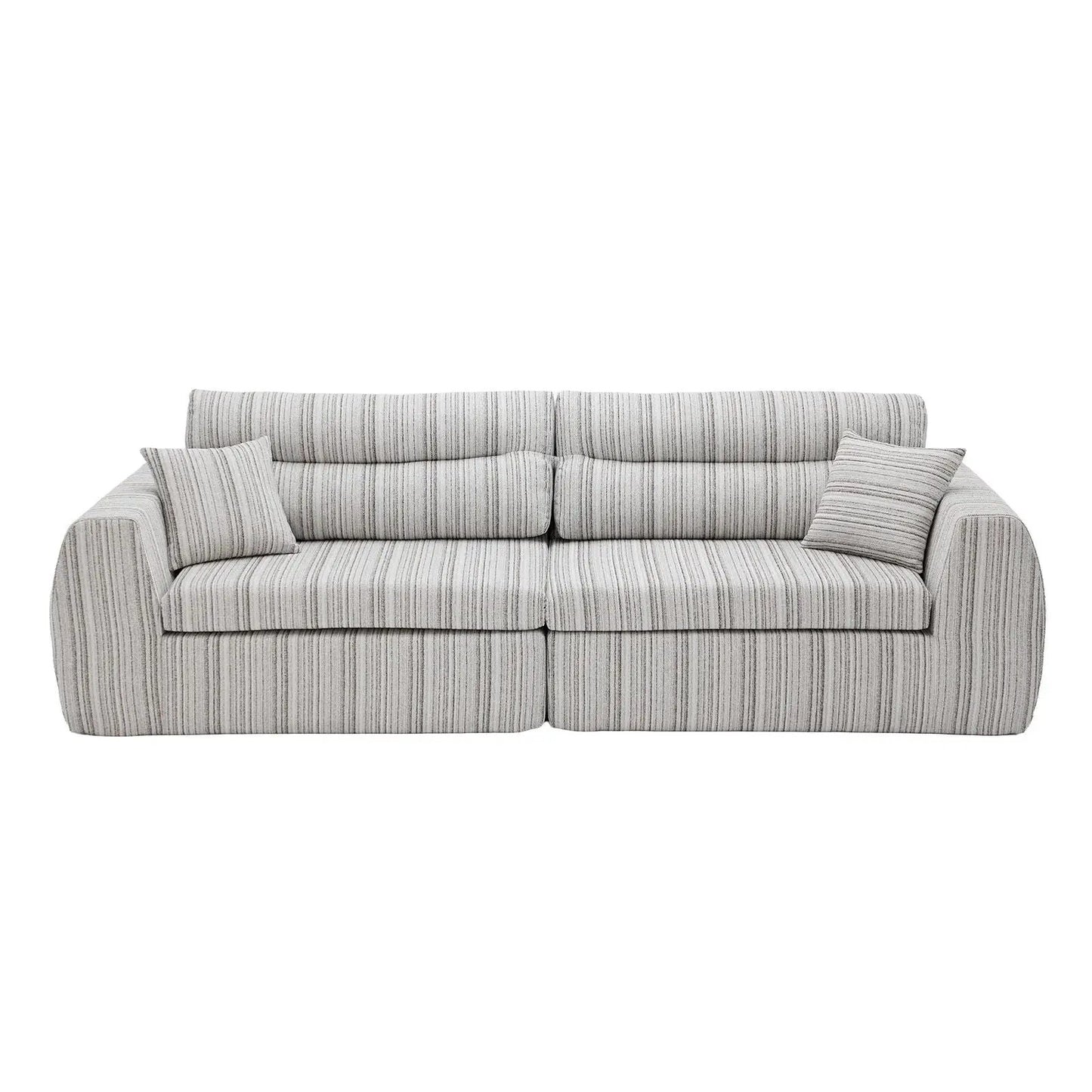 3 Seater sofa with striped gray upholstery and two matching throw pillows on Tampa Home & Garden Store