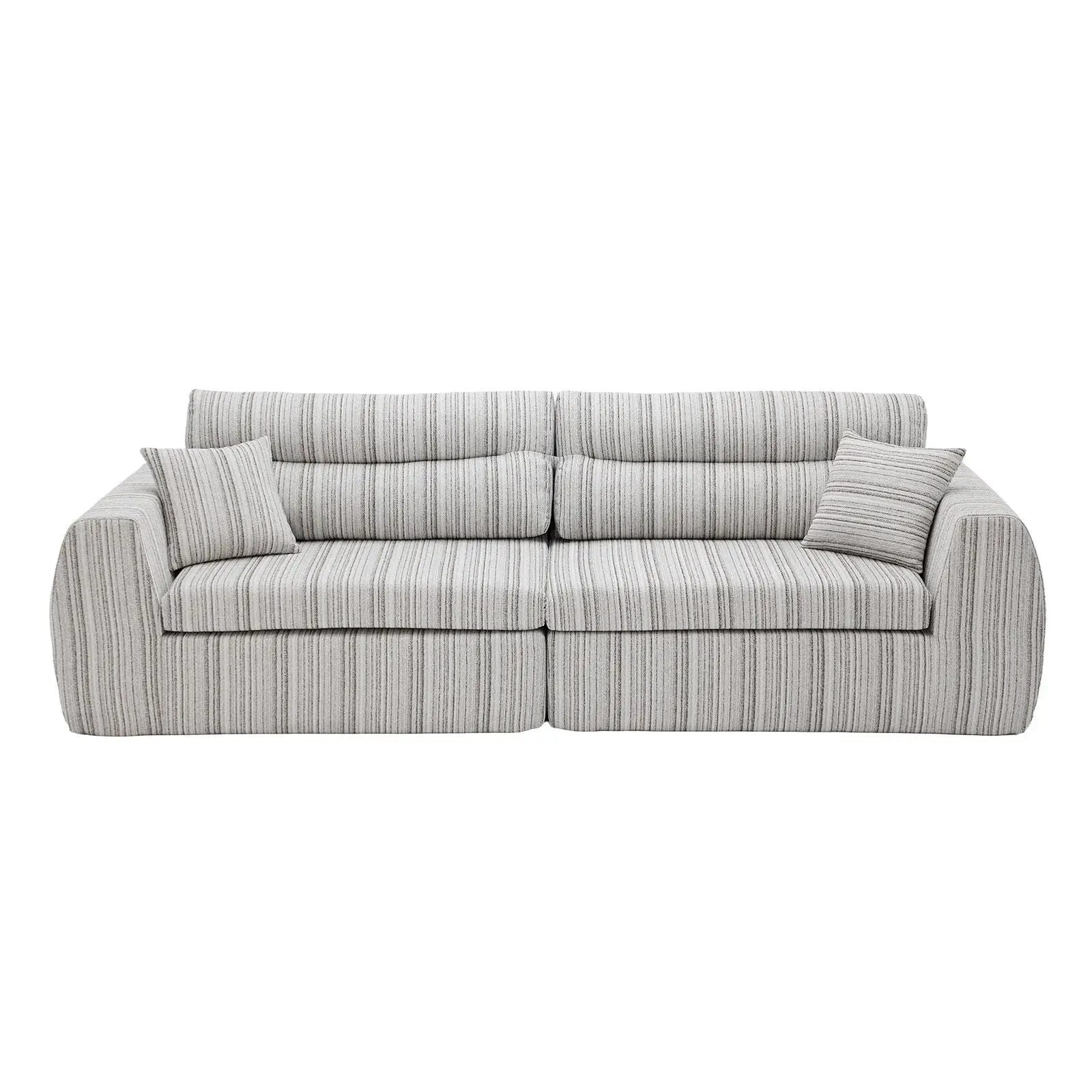 3 Seater sofa with striped gray upholstery and two matching throw pillows on Tampa Home & Garden Store