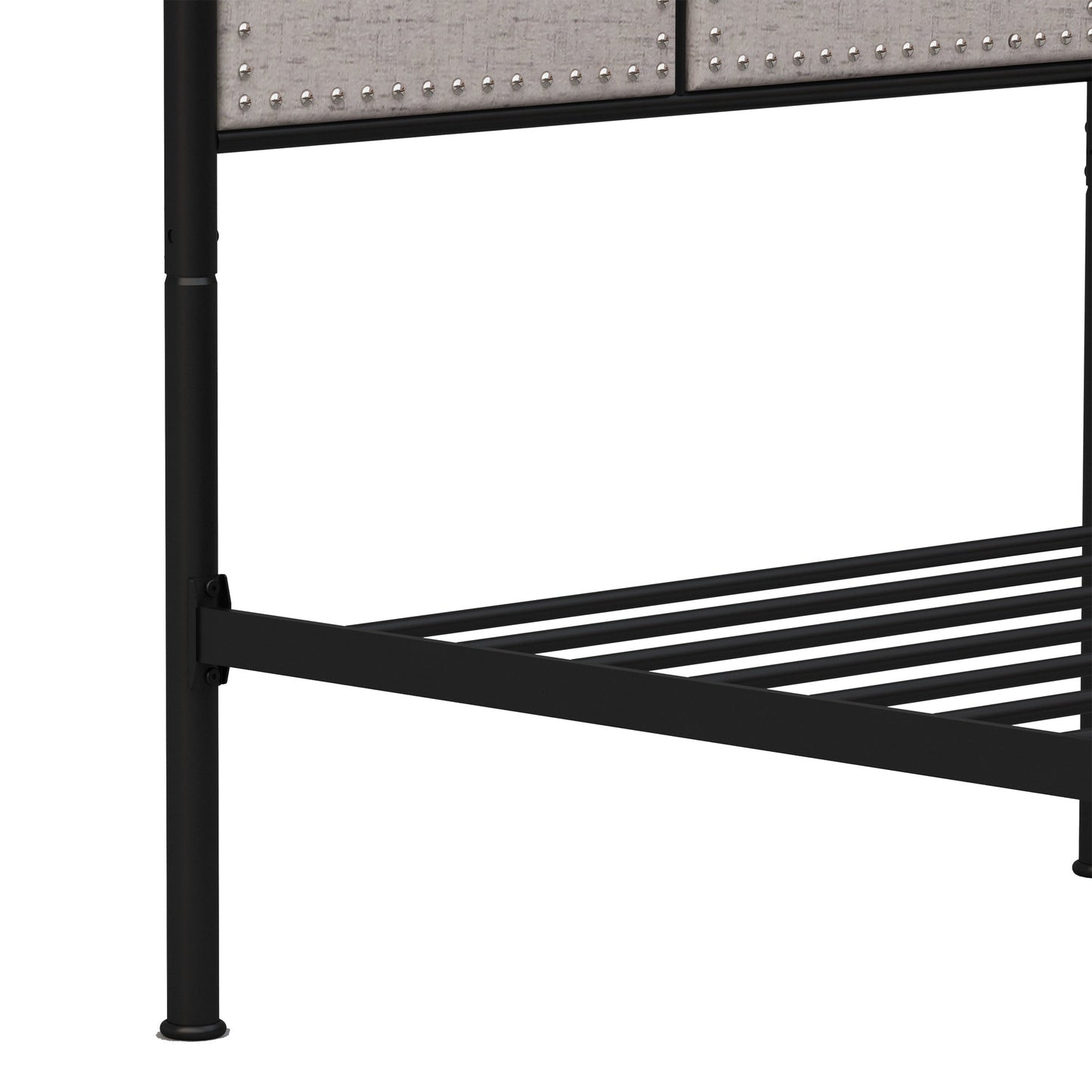 Twin linen upholstered bed frame with fabric headboard and footboard, black metal rails on Tampa Home & Garden Store