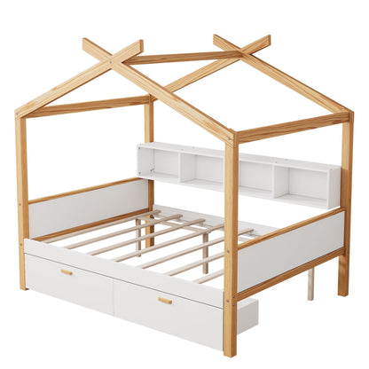 House Bed With Bookshelf Storage in natural wood frame with white built-in cubbies and drawers on Tampa Home & Garden Store