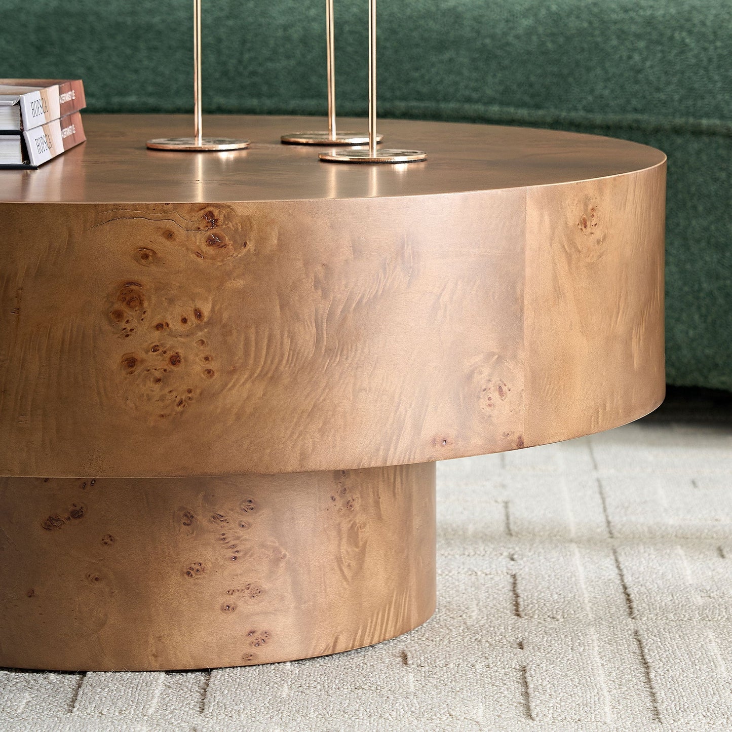 31.49 Burl Wood Veneer Round Coffee Table with copper edge by HouseOfZazla on Tampa Home & Garden Store