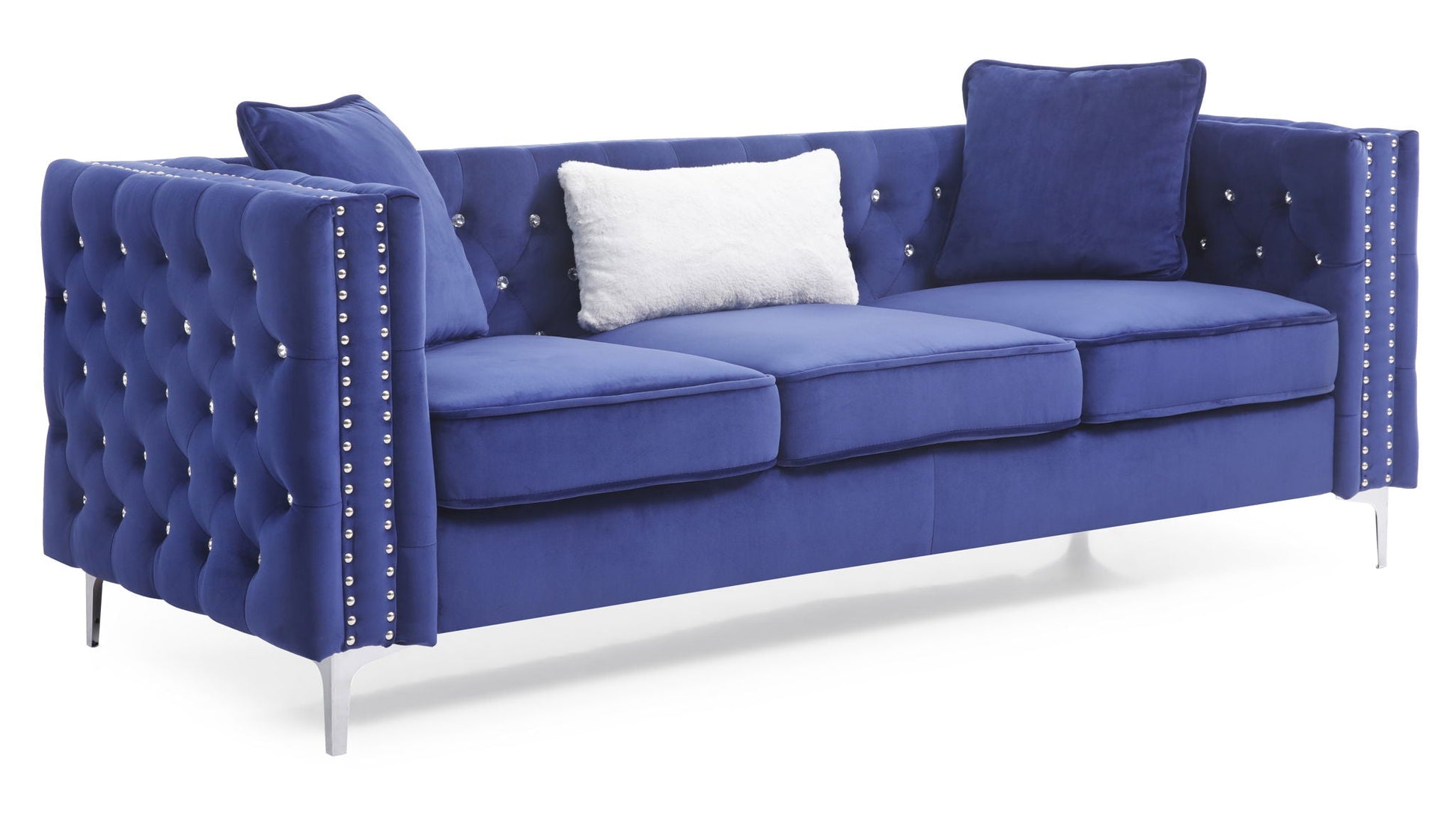 Paige sofa by HouseOfZazla, royal blue velvet 3-seat stationary sofa with tufted back on Tampa Home & Garden Store
