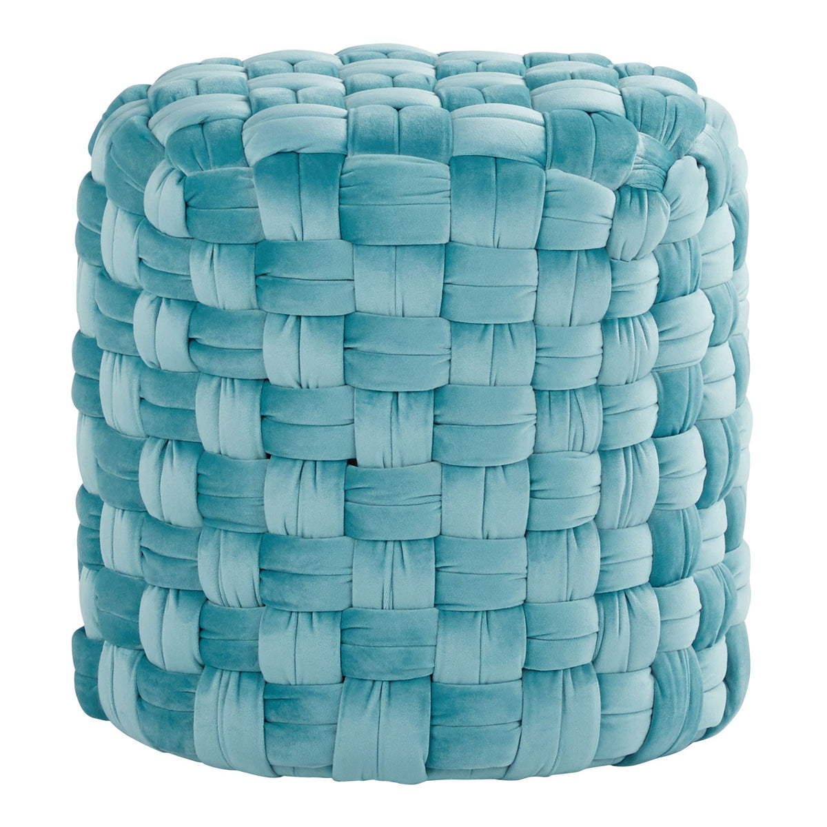Braided round ottoman by HouseOfZazla in turquoise velvet with chunky woven panels on Tampa Home & Garden Store