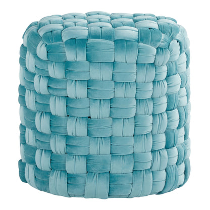 Braided round ottoman by HouseOfZazla in turquoise velvet with chunky woven panels on Tampa Home & Garden Store
