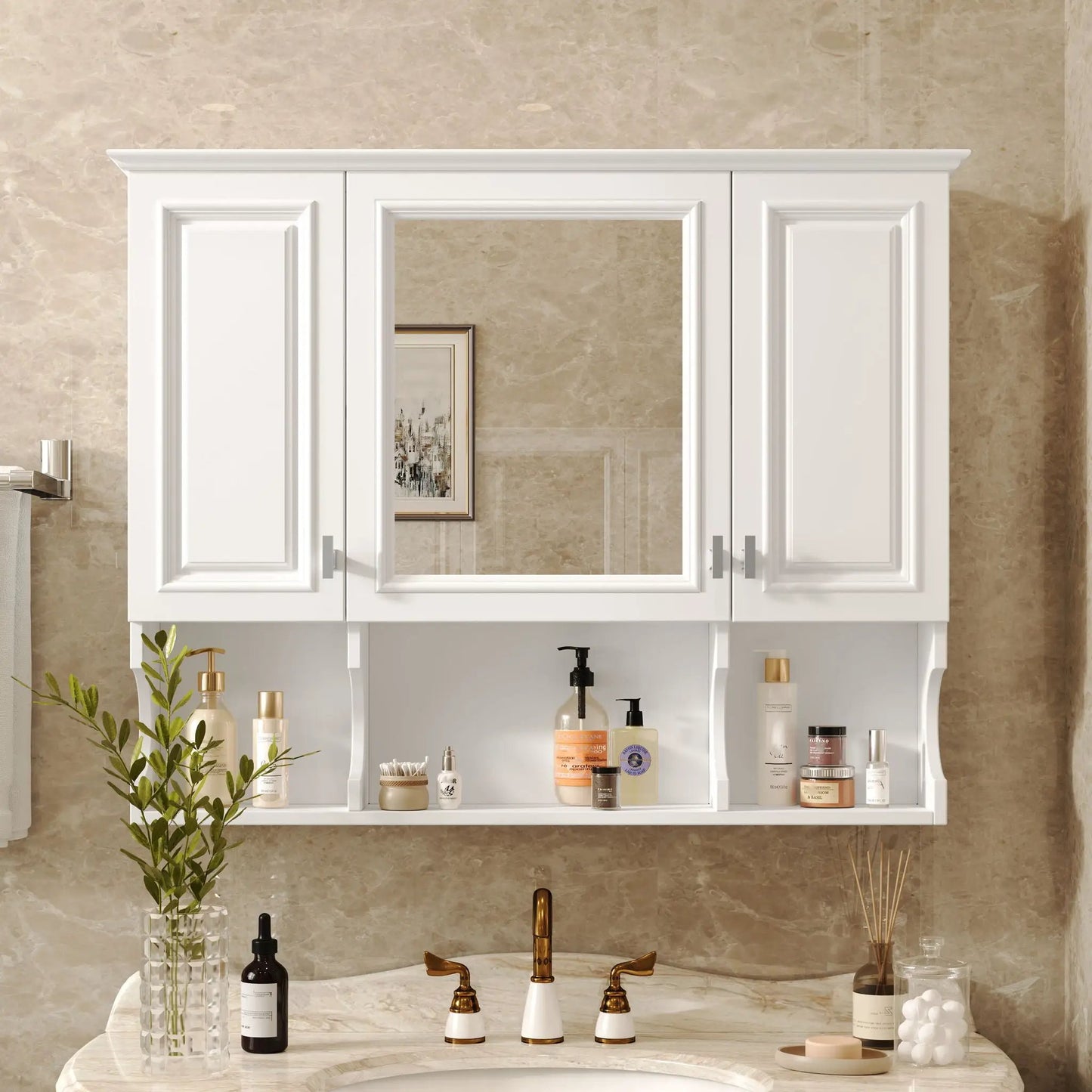 White wall mounted medicine cabinet with mirrored center raised panel doors and open shelves on Tampa Home & Garden Store