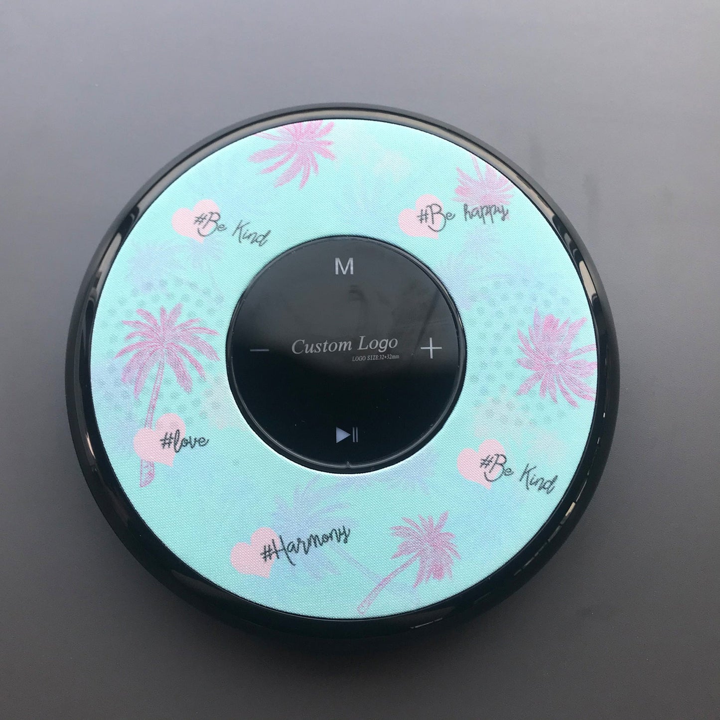 Waterproof Bluetooth speaker turquoise palm-tree patterned skin, circular design on Tampa Home & Garden Store