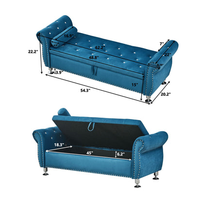 Blue velvet storage bench with crystal button tufting and a bolster pillow for bedroom on Tampa Home & Garden Store
