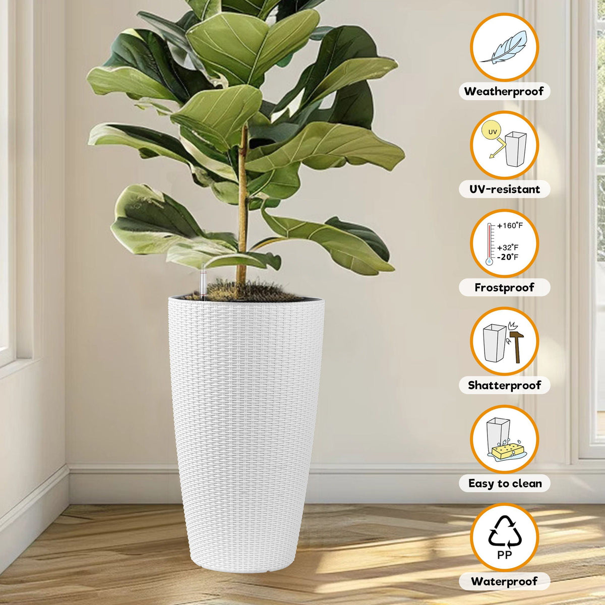 Tall Planters with Water Level Monitor and Auto Watering, white woven, HouseOfZazla on Tampa Home & Garden Store