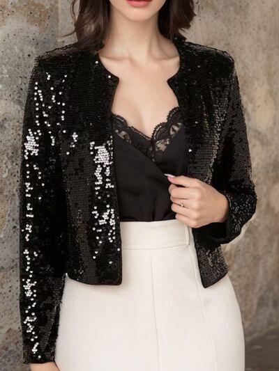 Sequin cropped jacket by Stevvex in black open-front glamorous sparkle on Tampa Home & Garden Store