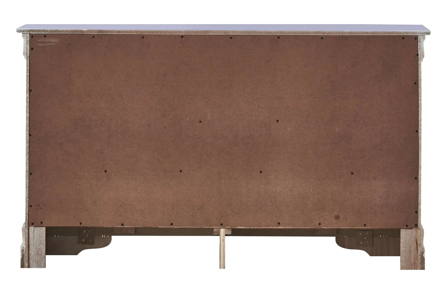 Verona dresser back panel in brown plywood with exposed screws and visible legs beneath on Tampa Home & Garden Store