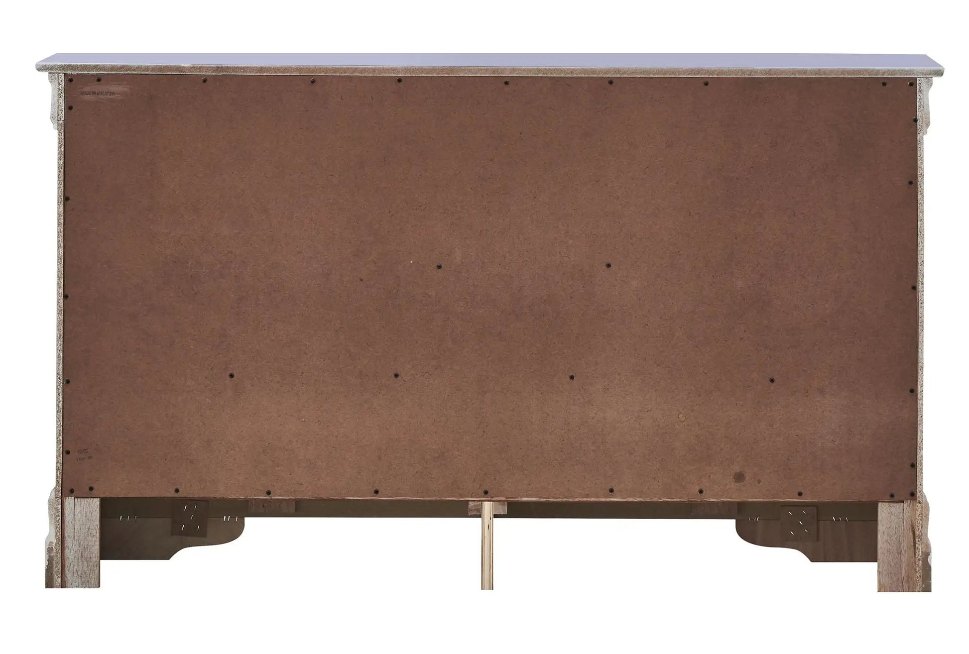 Verona dresser back panel in brown plywood with exposed screws and visible legs beneath on Tampa Home & Garden Store
