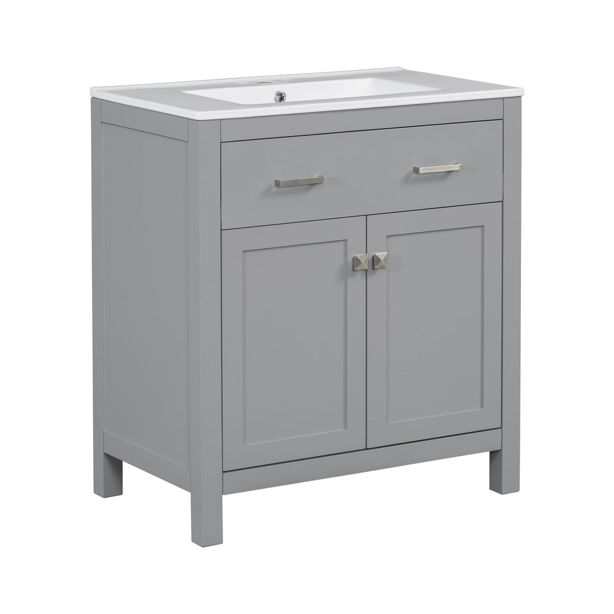 Modern gray bathroom vanity with white ceramic sink and soft-close doors by HouseOfZazla on Tampa Home & Garden Store