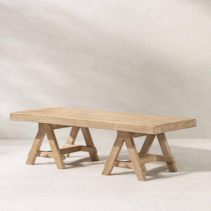 Two trestle coffee tables in natural reclaimed elm with sawhorse legs on Tampa Home & Garden Store