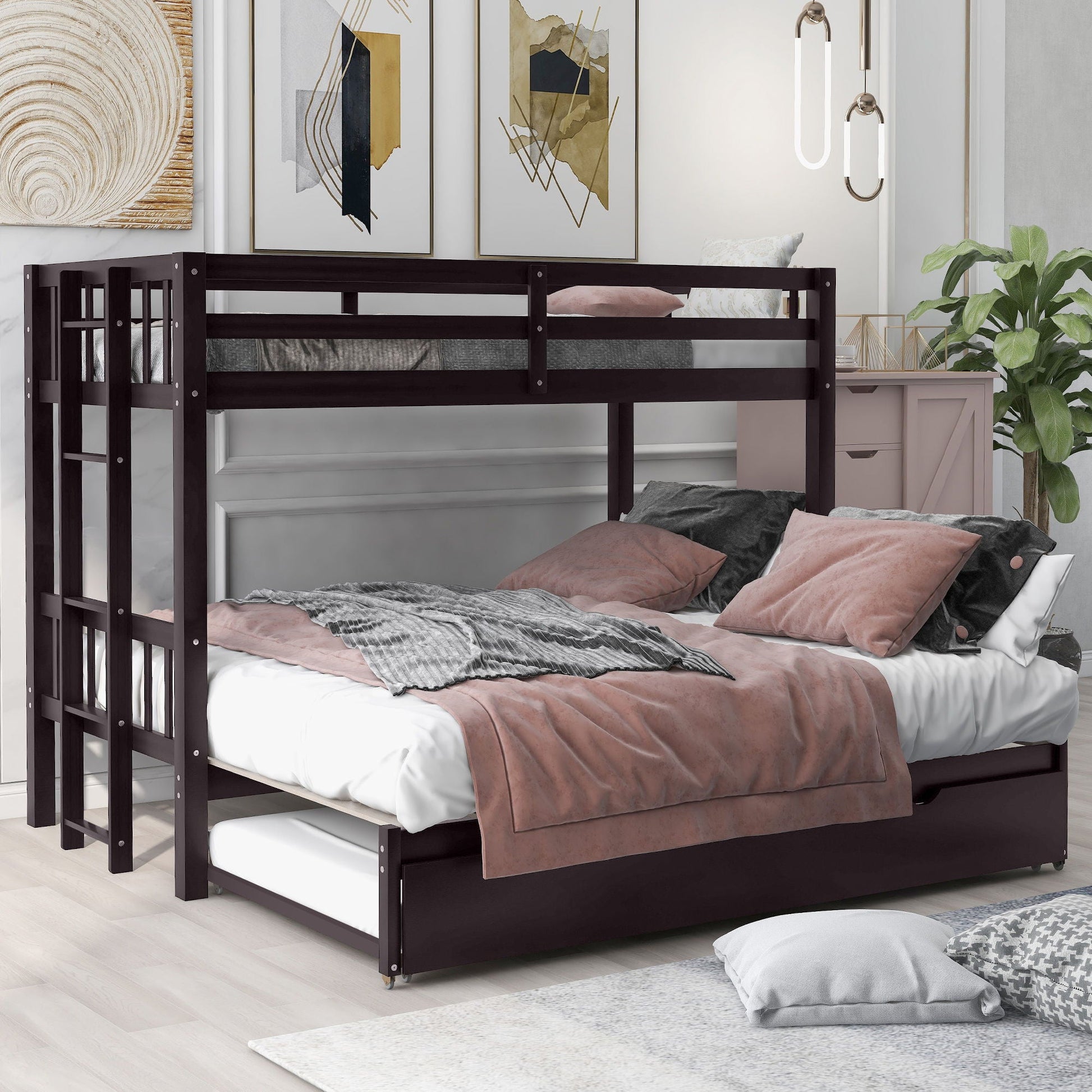 Smooth Mobility Bunk Bed With Trundle espresso wood frame with guard rails and trundle on Tampa Home & Garden Store