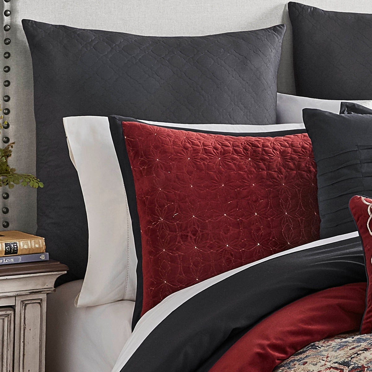 Sadler 9-Pc Burgundy & Blue Medallion Comforter Ensemble burgundy quilt with navy pillows on Tampa Home & Garden Store
