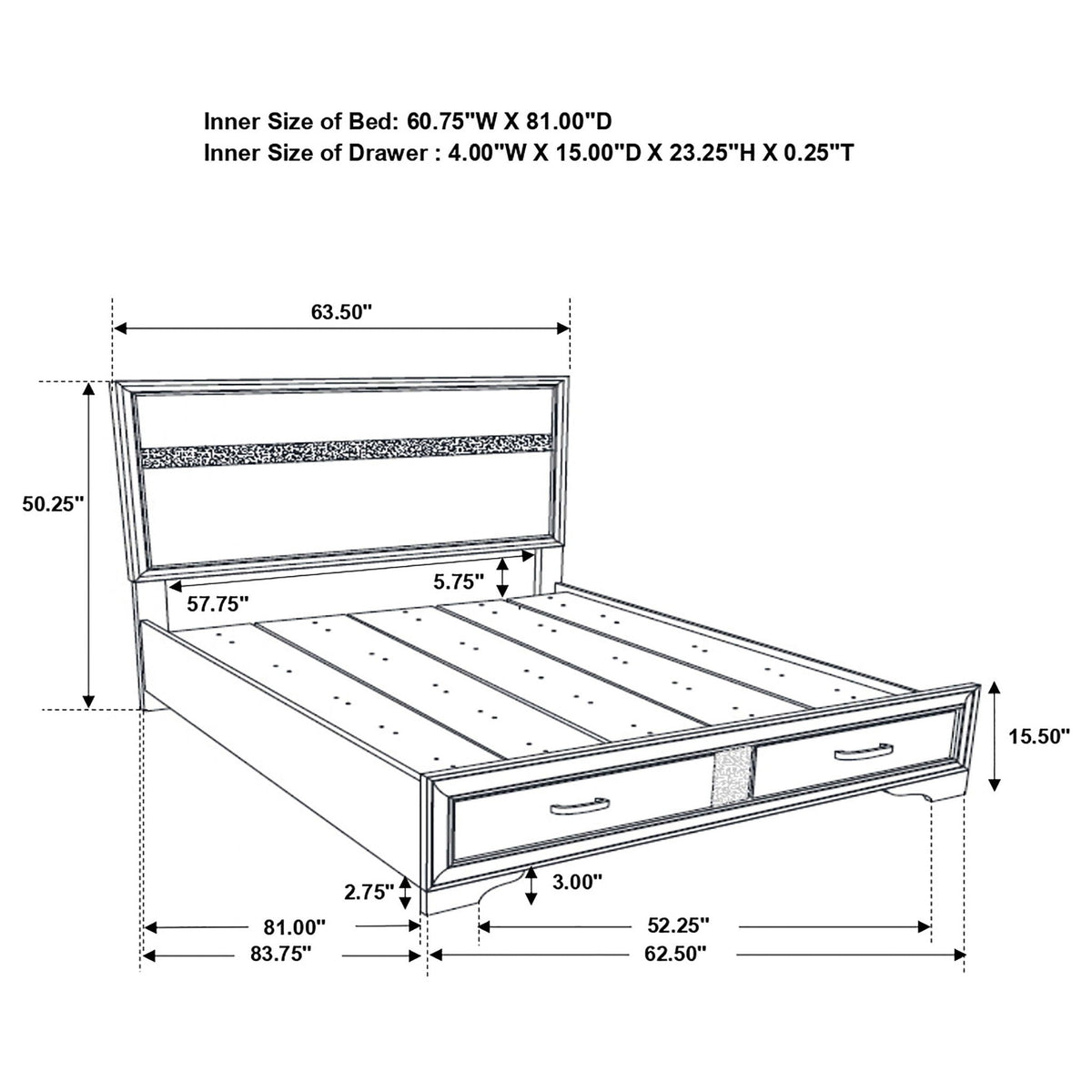 Corbin Glittering 4-Piece Bedroom Set by HouseOfZazla blueprint showing bed & dresser dimensions on Tampa Home & Garden Store