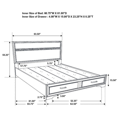 Corbin Glittering 4-Piece Bedroom Set by HouseOfZazla blueprint showing bed & dresser dimensions on Tampa Home & Garden Store