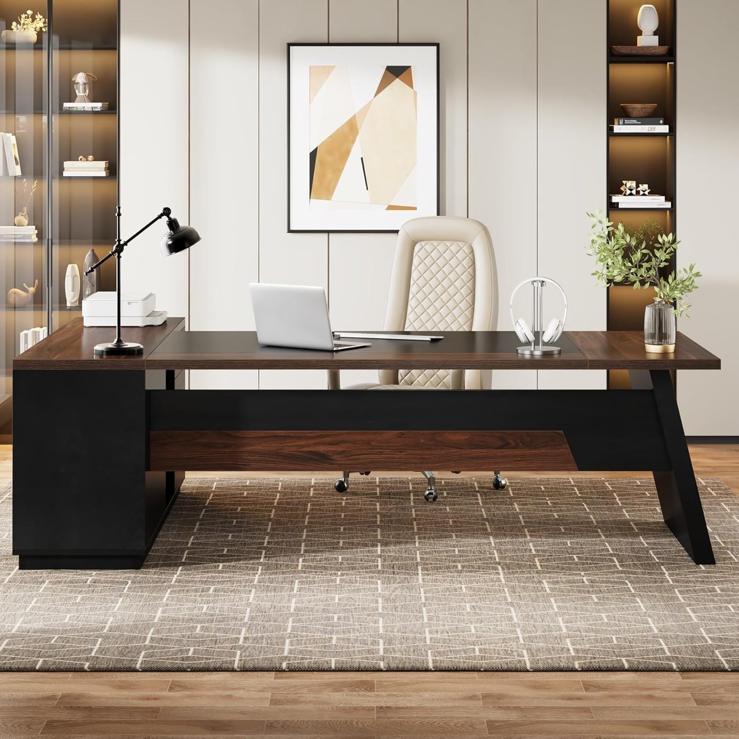 L-Shaped Executive Desk with file cabinet and drawers, dark wood top, HouseOfZazla on Tampa Home & Garden Store
