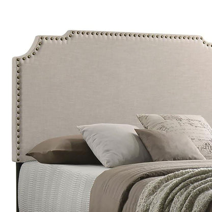 Panel bed with nailhead trim upholstered headboard in beige fabric; HouseOfZazla platform bed on Tampa Home & Garden Store
