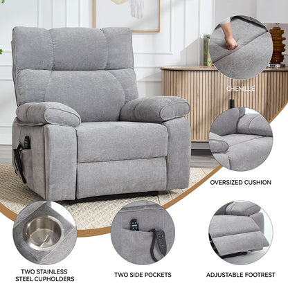 HouseOfZazla grey chenille heat massage dual motor lift recliner with two side pockets on Tampa Home & Garden Store