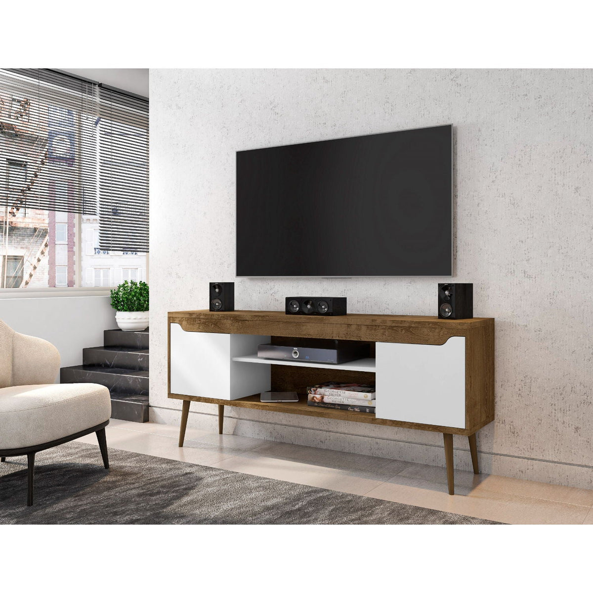 Modern Design TV Stand with Concealed Storage, natural wood top and white cabinet doors on Tampa Home & Garden Store